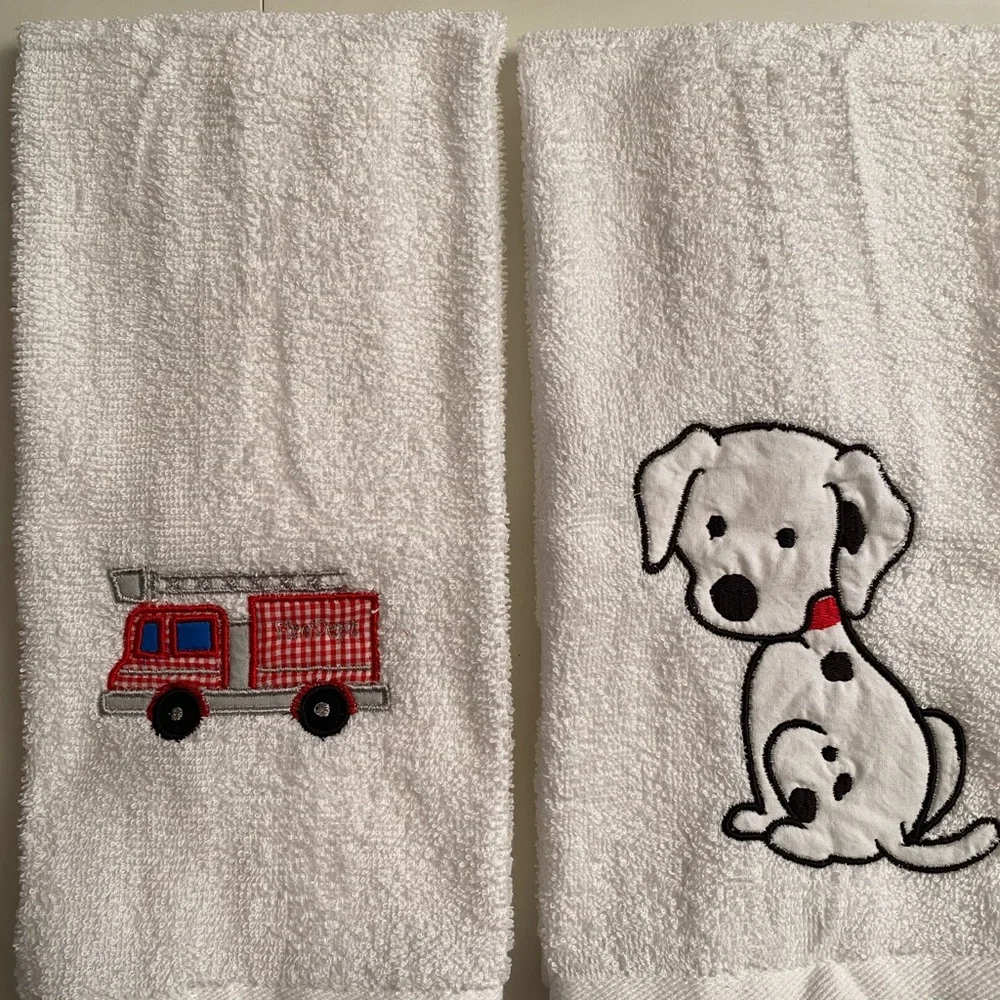 Firetruck and Dalmatian Hand Towels - for your little fireman - set of two